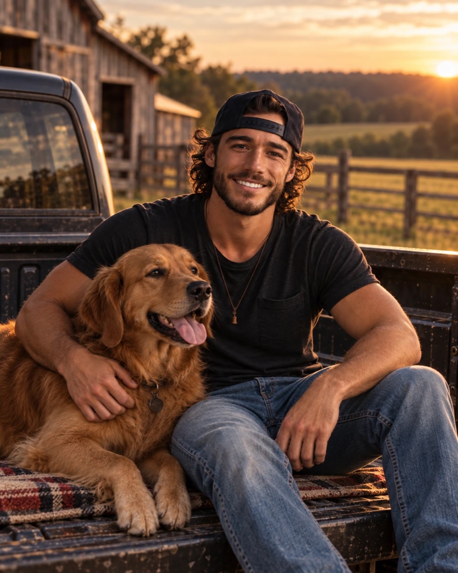 JB Emerson sitting on a pickup tailgate at sunset with his arm around a golden retriever